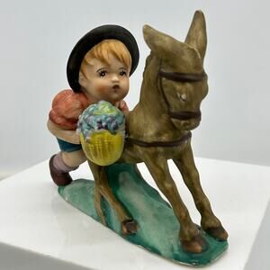 Adorable Vintage Japanese Boy Pushing Donkey Kitsch Ceramic Figure